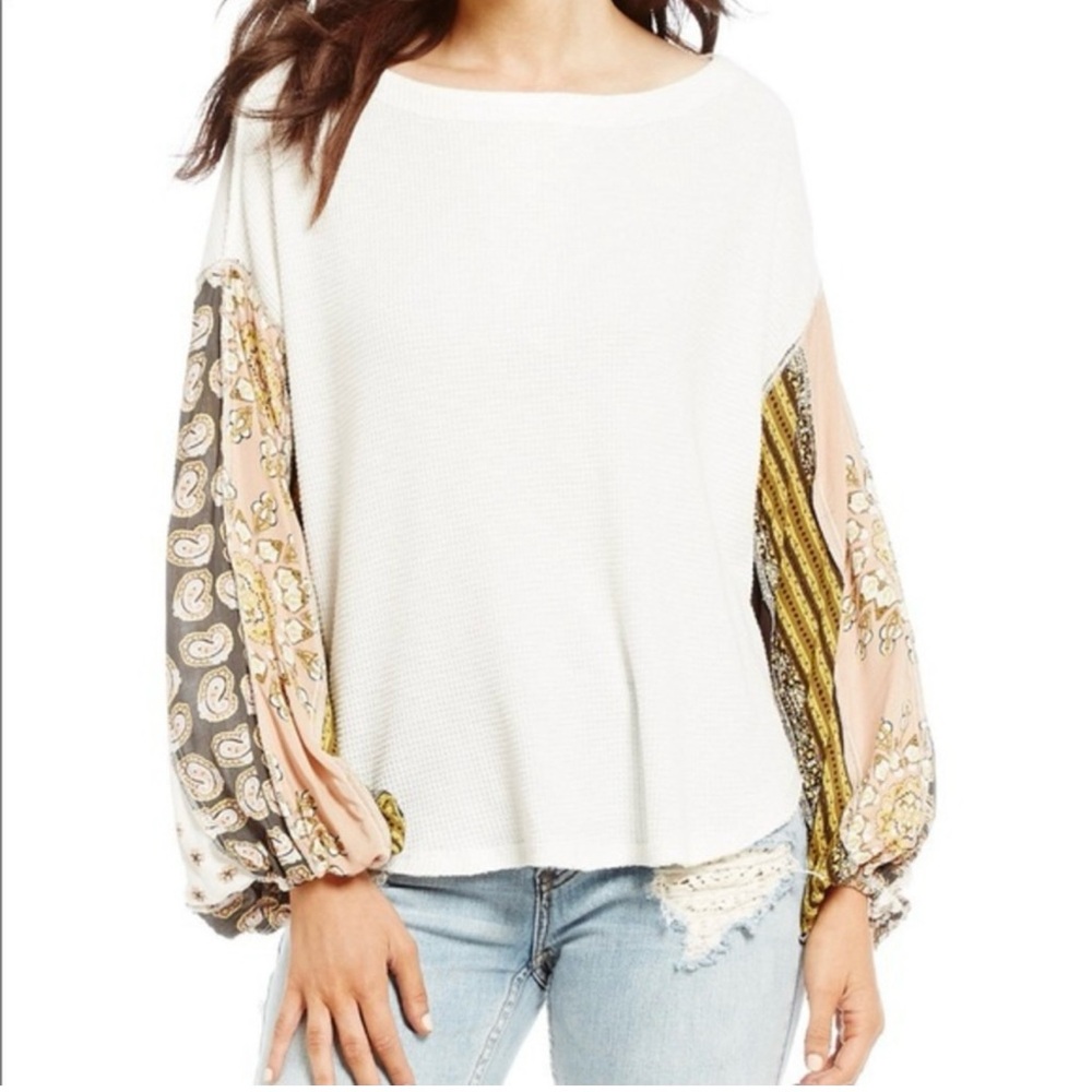 Free People Blossom Paisley Thermal Top size L Balloon Sleeves Blouson Boho #47